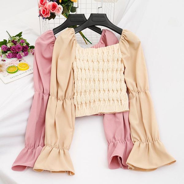 fashion retro square collar knitted chiffon blouse splice clothes flare sleeve wild slim high waist shirt women's blouses & shirts, White
fashion retro square collar knitted chiffon blouse splice clothes flare sleeve wild slim high waist shirt women's blouses & shirts, White