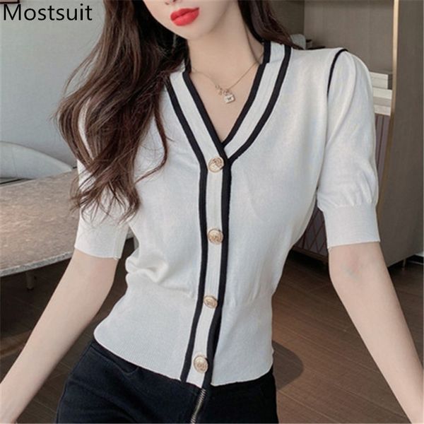 v-neck knitted women cardigan summer short sleeve single breasted sweater vintage elegant korean color-blocked jumpe 210514, White
v-neck knitted women cardigan summer short sleeve single breasted sweater vintage elegant korean color-blocked jumpe 210514, White