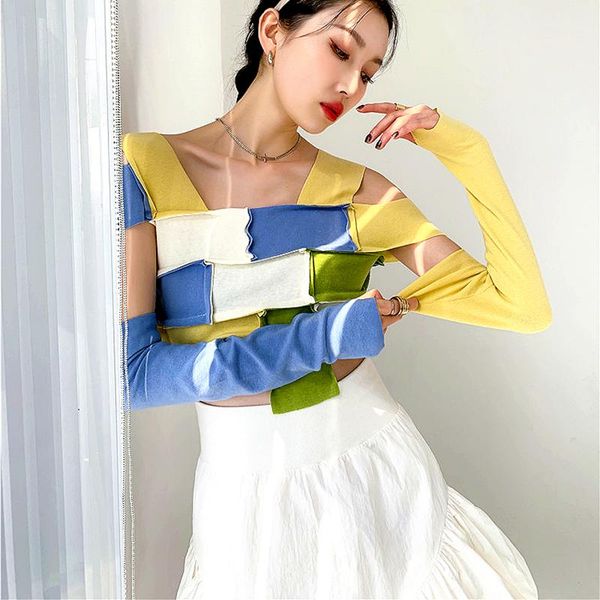 women's t-shirt tide summer party led off shoulder sleeves midriff fashion women knitted crop patchwork clothing sl438, White
women's t-shirt tide summer party led off shoulder sleeves midriff fashion women knitted crop patchwork clothing sl438, White