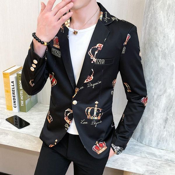 men's suits & blazers 2021 autumn crown print suit jacket men business casual blazer masculino slim office social dress coat street wea, White;black
men's suits & blazers 2021 autumn crown print suit jacket men business casual blazer masculino slim office social dress coat street wea, White;black