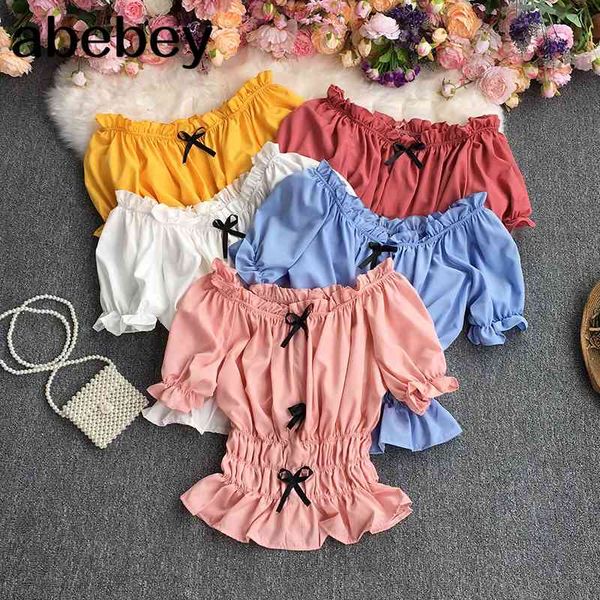 summer fashion versatile slash neck puff sleeve shirt lace up bow decoration pleated waist short shirt 210715, White 
summer fashion versatile slash neck puff sleeve shirt lace up bow decoration pleated waist short shirt 210715, White