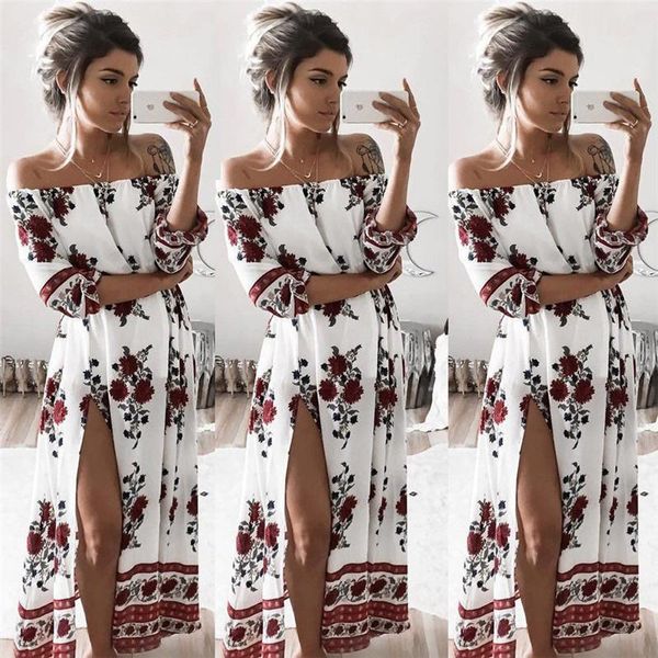 summer style women dress floral print off should slash neck long beach split vestidos casual dresses, Black;gray
summer style women dress floral print off should slash neck long beach split vestidos casual dresses, Black;gray