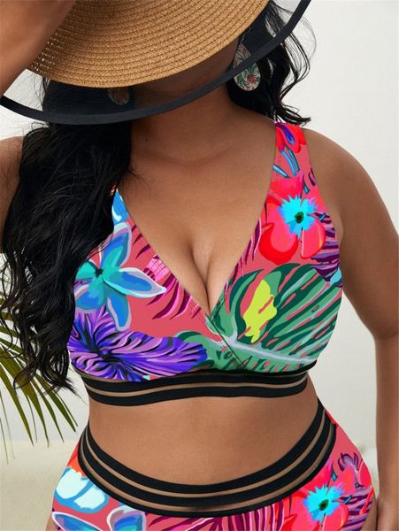 plus tropical print contrast mesh bikini c5e4#, Black
