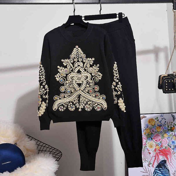 pant tracksuit 2pc women suit embroidery beading pattern knitted pullover + casual trousers female loose two piece set, White
pant tracksuit 2pc women suit embroidery beading pattern knitted pullover + casual trousers female loose two piece set, White