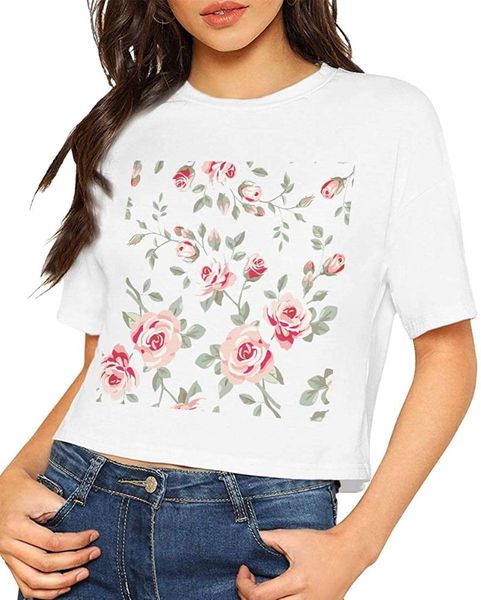 women's t-shirt floral summer short sleeve crop t shirt exposed navel female tees, White
women's t-shirt floral summer short sleeve crop t shirt exposed navel female tees, White