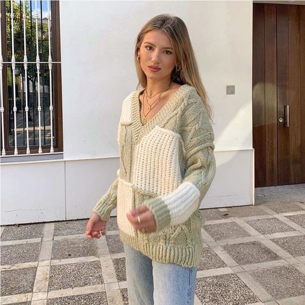 women knit sweater patchwork long sleeves v-neck casual pullover sweater femme vetement ropa mujer 210517, White;black
women knit sweater patchwork long sleeves v-neck casual pullover sweater femme vetement ropa mujer 210517, White;black