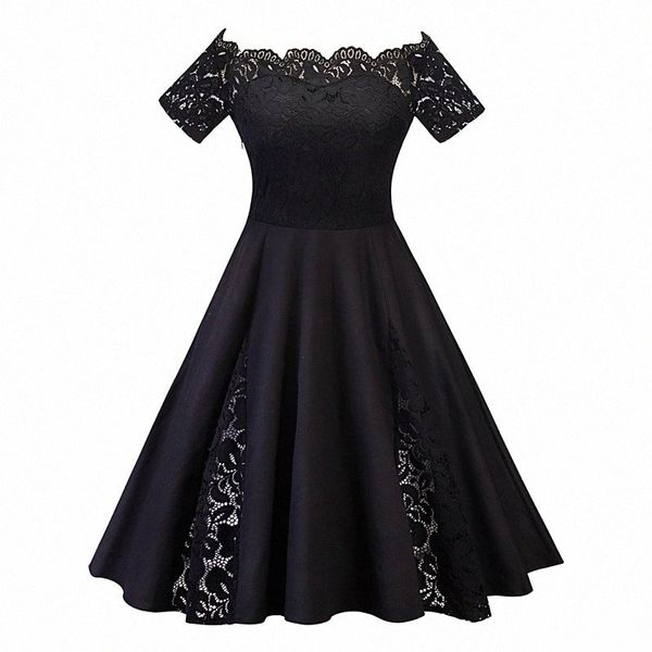 women's plus size swing dress solid color off shoulder lace short sleeve fall summer casual vintage prom dress knee length dress party, Black
women's plus size swing dress solid color off shoulder lace short sleeve fall summer casual vintage prom dress knee length dress party, Black
