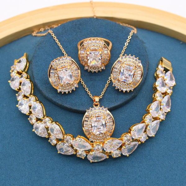 earrings & necklace luxury white zirconia gold color jewelry sets for women wedding bracelet stud ring gift box, Silver
earrings & necklace luxury white zirconia gold color jewelry sets for women wedding bracelet stud ring gift box, Silver