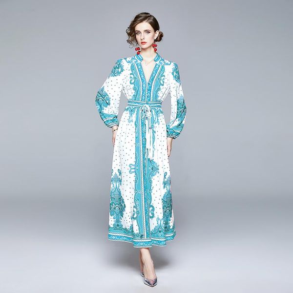 casual dresses high-end retro women summer print v-neck puff sleeves with belt high waist vintage maxi dress vestido de mujer, Black;gray
casual dresses high-end retro women summer print v-neck puff sleeves with belt high waist vintage maxi dress vestido de mujer, Black;gray
