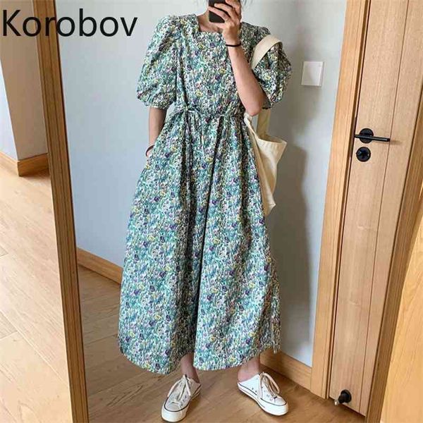korobov korean chic women summer new dress vintage flower print puff sleeve dresses elegant elastics high waist vestidos 210430, Black;gray 
korobov korean chic women summer new dress vintage flower print puff sleeve dresses elegant elastics high waist vestidos 210430, Black;gray