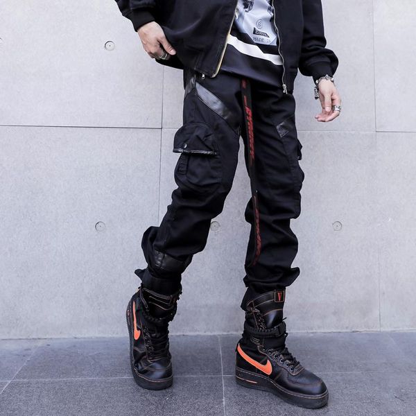 men high street fashion leather pocket splice casual cargo pant male hip hop harem pants long trousers zipper moto & biker men's, Black