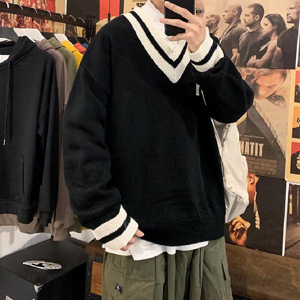men's sweaters 2021 man oversized sweater contrast color big v-neck knitwear autumn winter clothing jumper men casual knitted pullovers, White;black
men's sweaters 2021 man oversized sweater contrast color big v-neck knitwear autumn winter clothing jumper men casual knitted pullovers, White;black