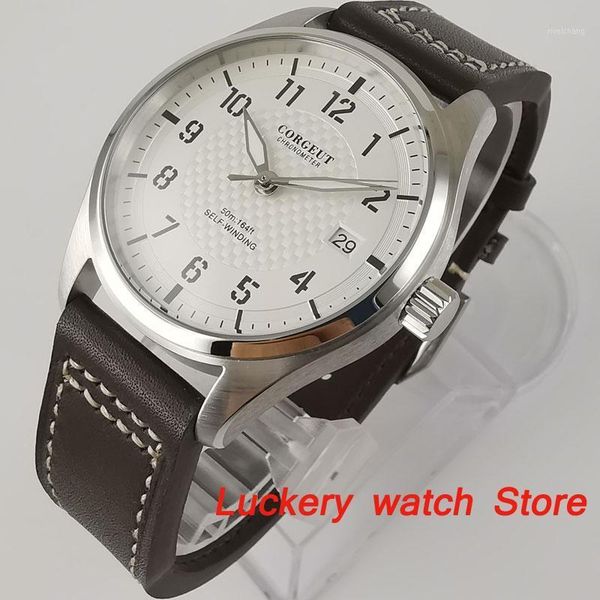 wristwatches 40mm men watch white dial date window 316l stainless steel case leather strap nh35 self-winding movement luxury watches, Slivery;brown
wristwatches 40mm men watch white dial date window 316l stainless steel case leather strap nh35 self-winding movement luxury watches, Slivery;brown