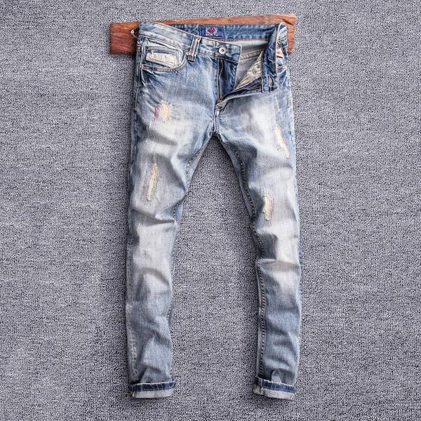 men's jeans street style fashion men retro light blue slim fit ripped embroidery patchwork designer hip hop denim pants
men's jeans street style fashion men retro light blue slim fit ripped embroidery patchwork designer hip hop denim pants