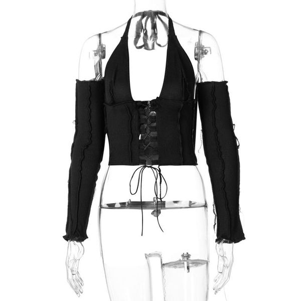 women's t-shirt backless halter ribbed tie front women long sleeve hollow out lace up t shirts patchwork bodycon crop, White
women's t-shirt backless halter ribbed tie front women long sleeve hollow out lace up t shirts patchwork bodycon crop, White