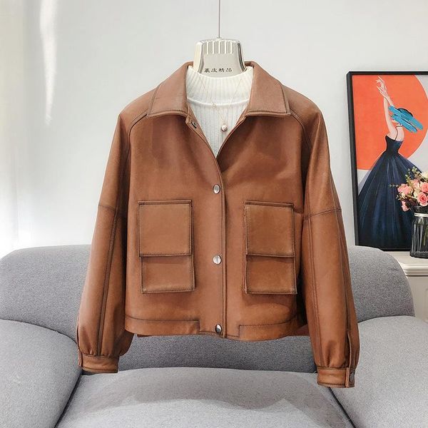 women's leather & faux sheepskin woman clothing fashion short style single breasted vintage genuine women flight jacket bomber, Black
women's leather & faux sheepskin woman clothing fashion short style single breasted vintage genuine women flight jacket bomber, Black