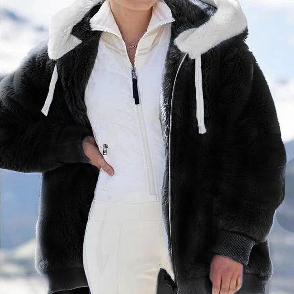 women's fur & faux winter women jacket warm plush casual loose hooded coat mixed color patchwork outwear zipper ladies parka, Black
women's fur & faux winter women jacket warm plush casual loose hooded coat mixed color patchwork outwear zipper ladies parka, Black