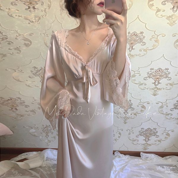Womens Ice Silk Dress Moranti Pink Satin Princess Sleepshirts Vintage Ladies Lace Nightgowns Nightdress Ladies Home Sleepwear
Womens Ice Silk Dress Moranti Pink Satin Princess Sleepshirts Vintage Ladies Lace Nightgowns Nightdress Ladies Home Sleepwear
