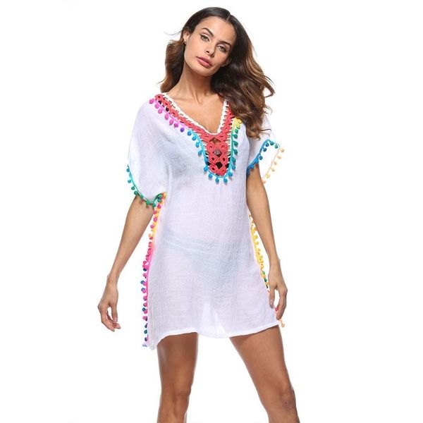women bathing suit bikini cover ups deep v-neck hollow out crochet rainbow pom tassel side split beach dress women's swimwear, White;black
women bathing suit bikini cover ups deep v-neck hollow out crochet rainbow pom tassel side split beach dress women's swimwear, White;black
