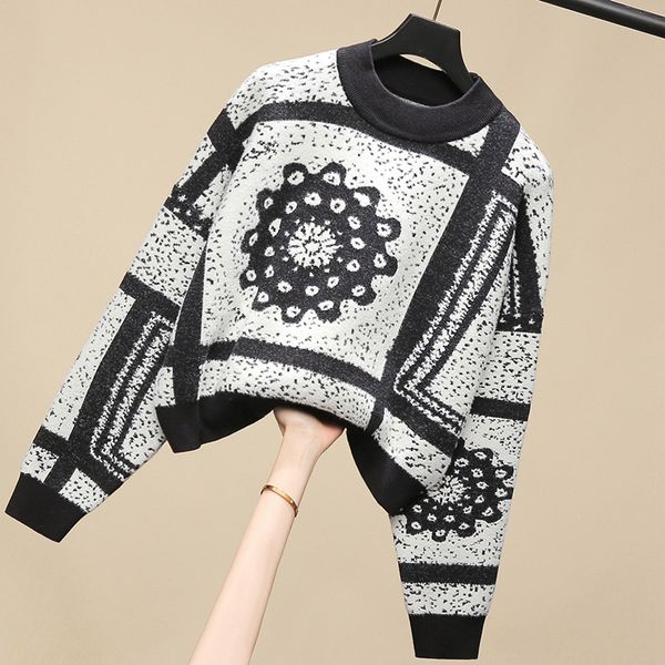 vintage jacquard short o-neck sweater women oversize knitted long sleeve korean fashion pullover, White;black
vintage jacquard short o-neck sweater women oversize knitted long sleeve korean fashion pullover, White;black