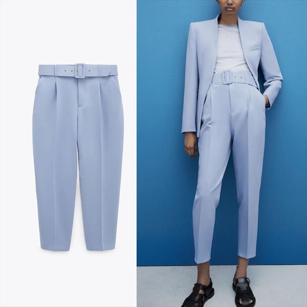 za spring high waist women pants belted suit vintage office fashion front pockets blue red yellow trousers, Black;white
za spring high waist women pants belted suit vintage office fashion front pockets blue red yellow trousers, Black;white