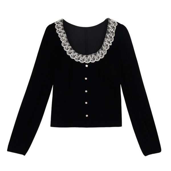 women black velvet o neck long sleeve shirt blouse button lace b0690 210514, White
women black velvet o neck long sleeve shirt blouse button lace b0690 210514, White