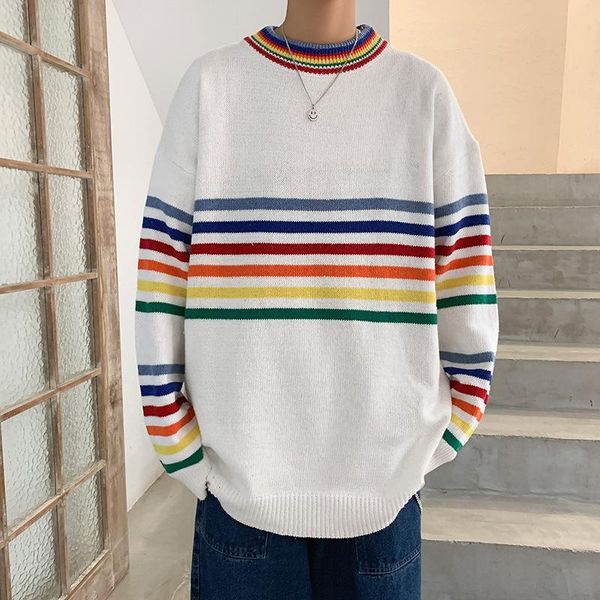 men's sweaters and women's striped contrast color knit sweater round neck pullover couple loose versatile, White;black
men's sweaters and women's striped contrast color knit sweater round neck pullover couple loose versatile, White;black