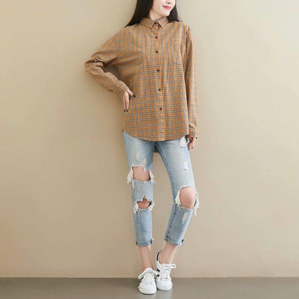 women's blouses & shirts artistic all-match shirt loose long sleeve cotton linen single pocket plaid top, White
women's blouses & shirts artistic all-match shirt loose long sleeve cotton linen single pocket plaid top, White