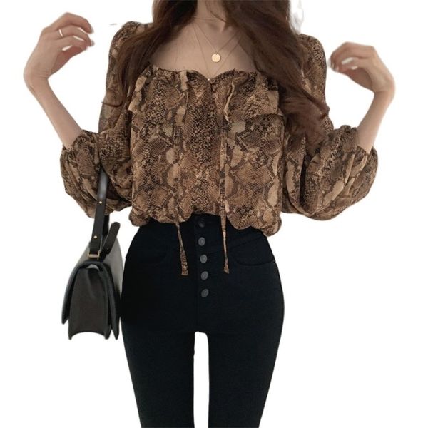 crop blouse women puff sleeve snake print elegant lace up summer thin blusas shirt korean chic female shirts 210520, White
crop blouse women puff sleeve snake print elegant lace up summer thin blusas shirt korean chic female shirts 210520, White