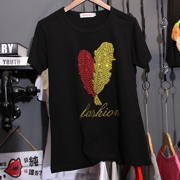 women's t-shirt hiawatha short sleeve women summer feather drilling tees korean black cotton t shirts tx070, White
women's t-shirt hiawatha short sleeve women summer feather drilling tees korean black cotton t shirts tx070, White