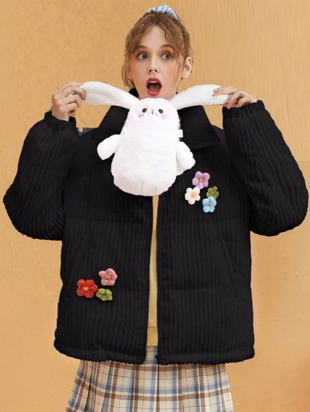 appliques detail puff winter coat 011y#, Black