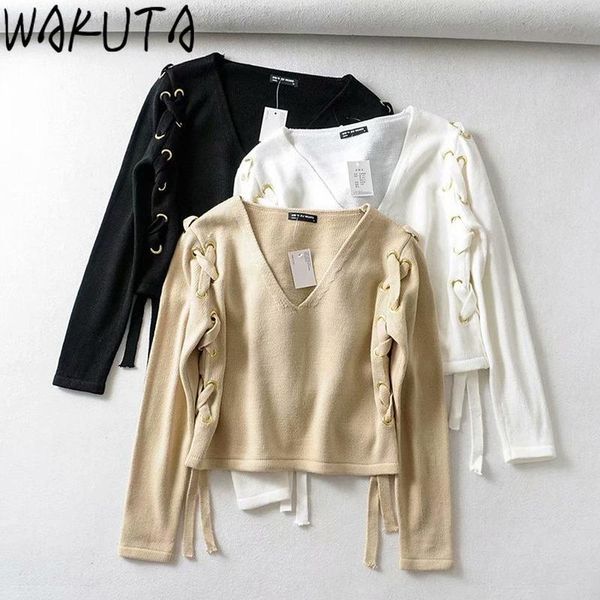 women's sweaters wakuta high street knitted short sweater women stylish side lace up v-neck pullovers long sleeve 2021 autumn crop whi, White;black
women's sweaters wakuta high street knitted short sweater women stylish side lace up v-neck pullovers long sleeve 2021 autumn crop whi, White;black