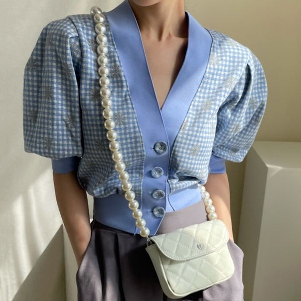 summer black all-match v-neck hit color single-breasted loose casual plaid daisy puff sleeve shirt women fashion 16f0879 210510, White 
summer black all-match v-neck hit color single-breasted loose casual plaid daisy puff sleeve shirt women fashion 16f0879 210510, White