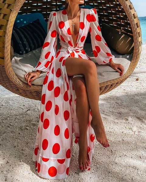 vintage polka dots knotted slit maxi dress long sleeve ladies split v neck stretch high waist lace-up casual dresses, Black;gray
vintage polka dots knotted slit maxi dress long sleeve ladies split v neck stretch high waist lace-up casual dresses, Black;gray