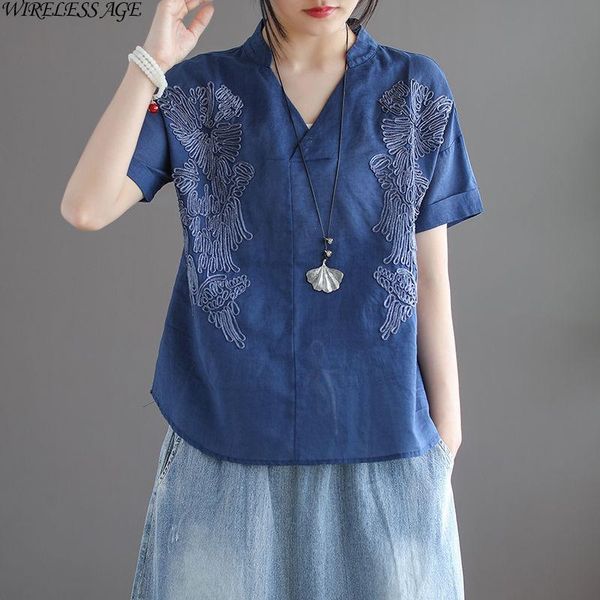 women's t-shirt wireless age t shirt women retro v neck loose slimming embroidery short sleeved casual cotton linen 2021 fashion wild, White
women's t-shirt wireless age t shirt women retro v neck loose slimming embroidery short sleeved casual cotton linen 2021 fashion wild, White