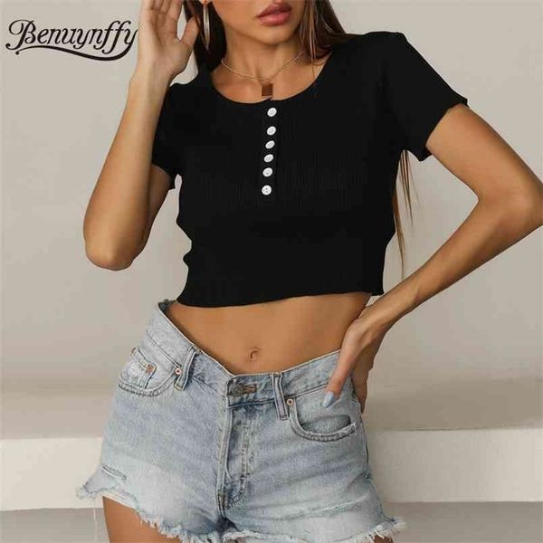 round neck button front solid knit crop women summer short sleeve fashion streetwear ladies slim fit tee 210510, White
round neck button front solid knit crop women summer short sleeve fashion streetwear ladies slim fit tee 210510, White