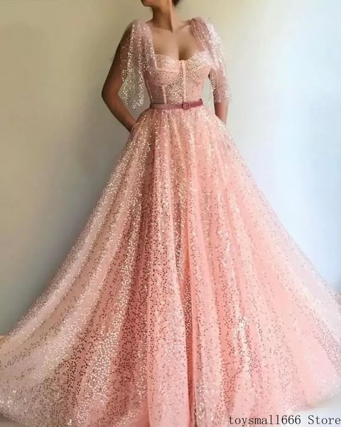 a-line sequin sweetheart pink muslim evening formal dress 2022 short sleeves dubai prom dresses long gown robe de soirée de mariage sxm9, Black 
a-line sequin sweetheart pink muslim evening formal dress 2022 short sleeves dubai prom dresses long gown robe de soirée de mariage sxm9, Black