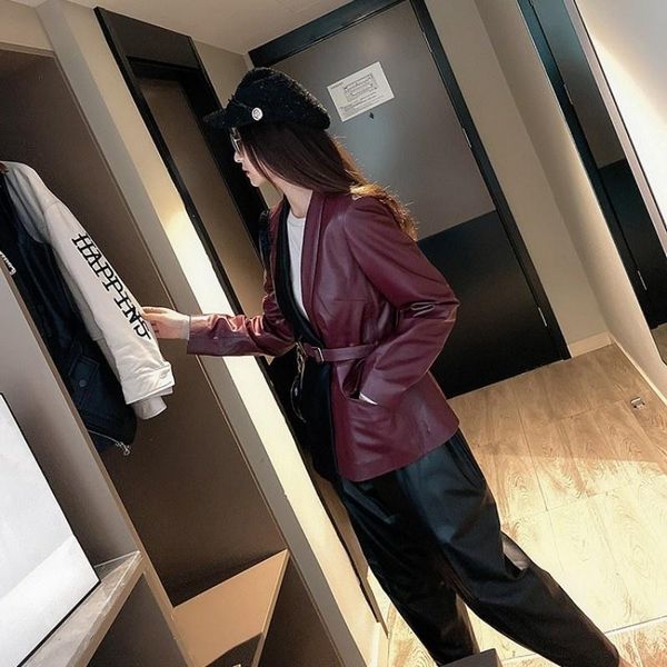 women's leather & faux patchwork designer office ladies sheepskin genuine blazer jacket belted slim fit womens suits business outwear c, Black
women's leather & faux patchwork designer office ladies sheepskin genuine blazer jacket belted slim fit womens suits business outwear c, Black