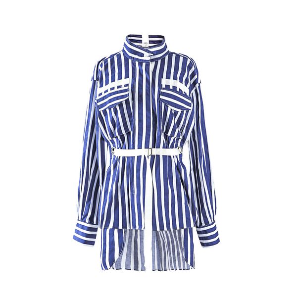spring fashion blue and white vertical striped stand full shirt women's back belt 210615
spring fashion blue and white vertical striped stand full shirt women's back belt 210615