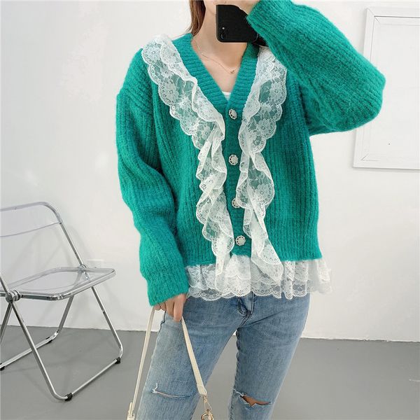 knits sweet green v-neck ruffled oversized winter coarse needle knitted cardigan sweater, White
knits sweet green v-neck ruffled oversized winter coarse needle knitted cardigan sweater, White