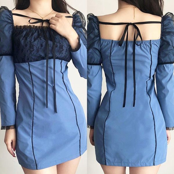 streetwear fashion square collar lace stitching slim-fit dress long sleeves women casual dresses, Black;gray 
streetwear fashion square collar lace stitching slim-fit dress long sleeves women casual dresses, Black;gray