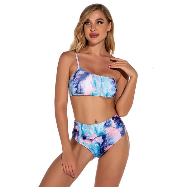 one 2021 new women's shoulder tie dye printed high waist split swimsuit bikini, White;black
one 2021 new women's shoulder tie dye printed high waist split swimsuit bikini, White;black
