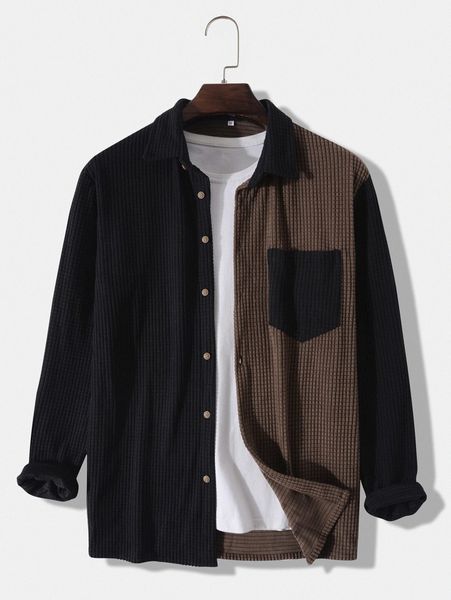 men color block pocket patched button up shirt k3os#, White;black 
men color block pocket patched button up shirt k3os#, White;black