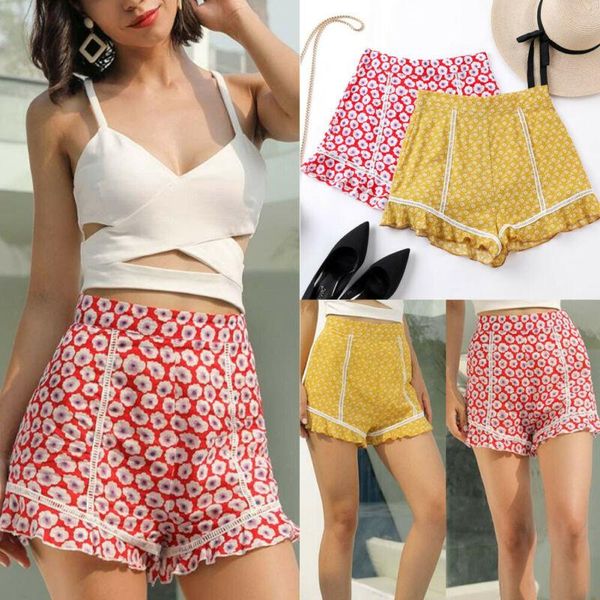 women's shorts women summer floral high waist ruffle short trousers, White;black 
women's shorts women summer floral high waist ruffle short trousers, White;black