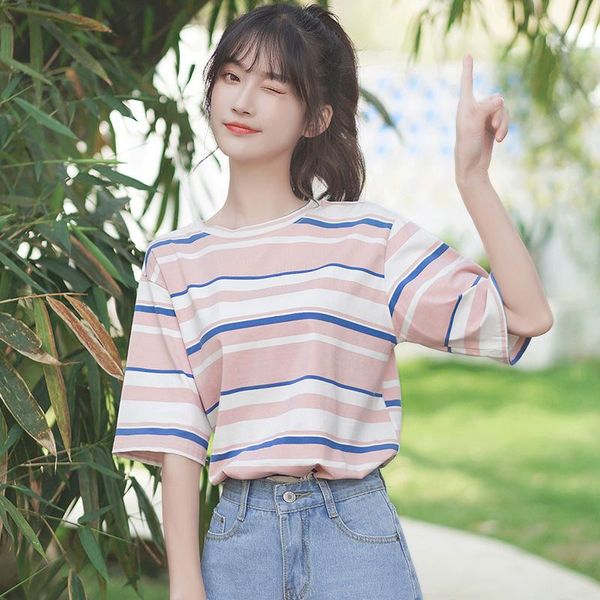 women's t-shirt chic khaki 2021 summer student striped cotton short-sleeved loose korean style round neck multicolor top, White
women's t-shirt chic khaki 2021 summer student striped cotton short-sleeved loose korean style round neck multicolor top, White