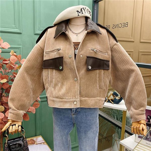 corduroy jacket women 2021 autumn and winter loose pu leather stitching 1001 women's jackets, Black;brown
corduroy jacket women 2021 autumn and winter loose pu leather stitching 1001 women's jackets, Black;brown