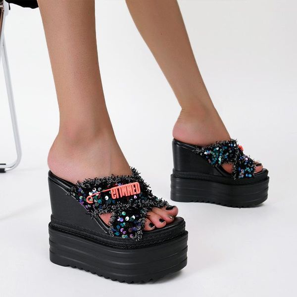 slippers preto branco summer women's shoes wedge platform high heels super heel sequined cloth cwf, Black
slippers preto branco summer women's shoes wedge platform high heels super heel sequined cloth cwf, Black