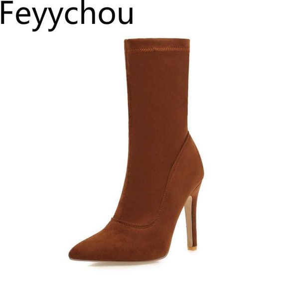 women boots autumn winter super high heel zip pointed toe flock mid-calf stretch 2021 simple versatile big size 48, Black
women boots autumn winter super high heel zip pointed toe flock mid-calf stretch 2021 simple versatile big size 48, Black