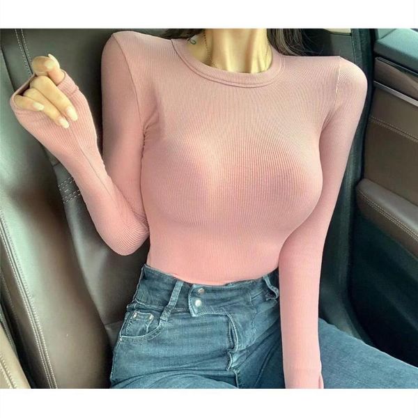 women's t-shirt da spring 2021 skinny undershirt with o-neck easy-to-wear comfortable solid color long-sleeved cotton long sleeve tee, White 
women's t-shirt da spring 2021 skinny undershirt with o-neck easy-to-wear comfortable solid color long-sleeved cotton long sleeve tee, White