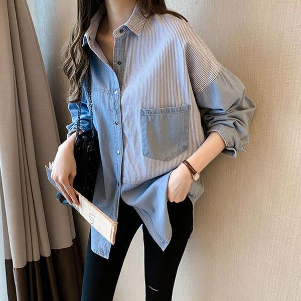women's jackets #3160 spliced color striped denim shirt for women long sleeved casual loose retro asymmetrical vintage female plus size, Black;brown
women's jackets #3160 spliced color striped denim shirt for women long sleeved casual loose retro asymmetrical vintage female plus size, Black;brown